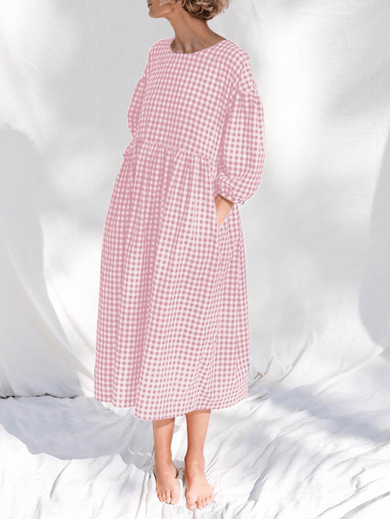 Women Plaid Print Pleated round Neck Casual Half Sleeve Midi Dresses - MRSLM