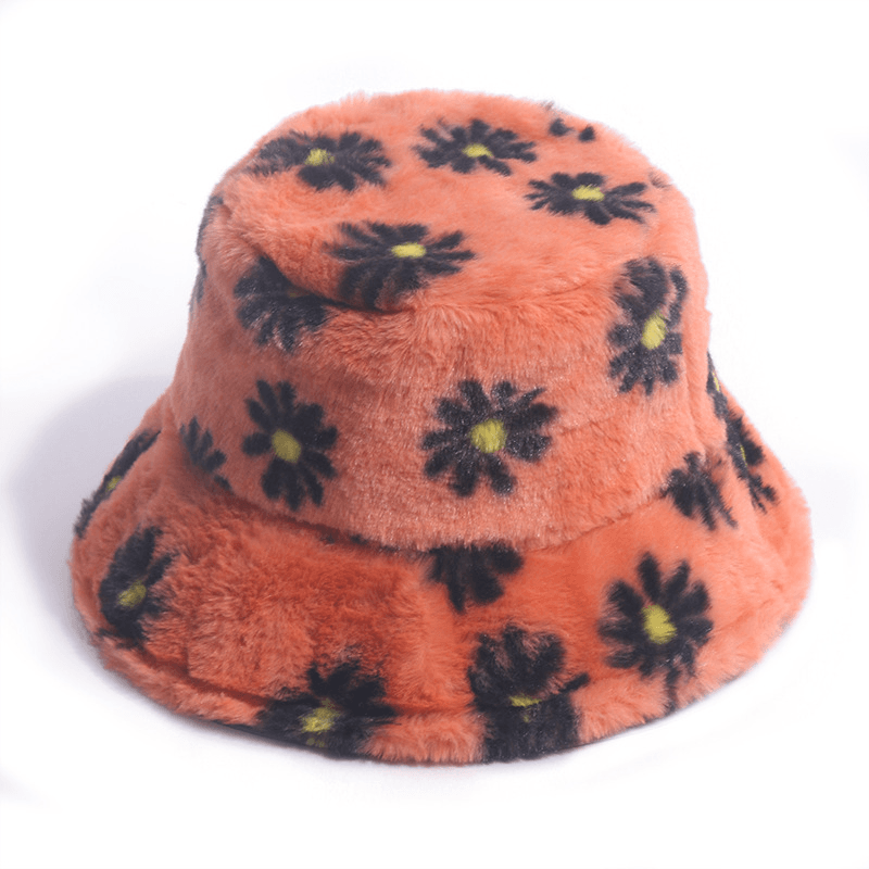Korean Version of the Autumn and Winter Small Daisy Print Fisherman Hat Plush Net Red All-Match Outing to Keep Warm Rabbit Fur Basin Hat - MRSLM