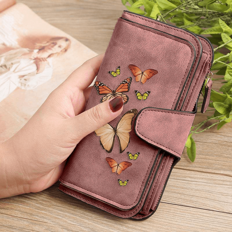Women Butterfly Four Fold Wallet Purse 14 Card Slot 5.5 Inch Phone Bag - MRSLM