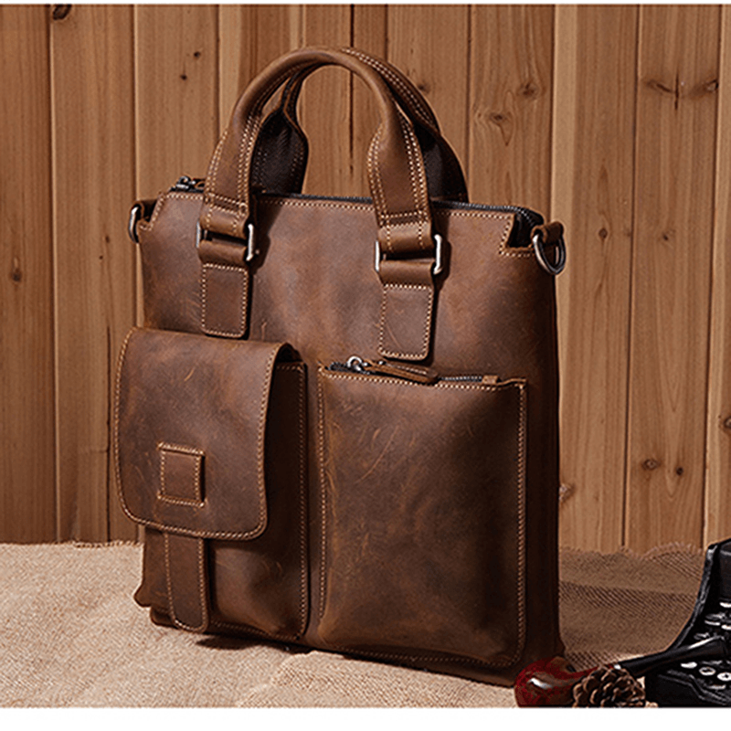 Men Genuine Leather Retro Handbag Crossbody Bag Casual Business Shoulder Bag Briefcase - MRSLM