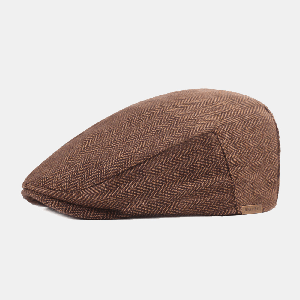 Men Cotton Herringbone Pattern Warmth Beret Cap Casual Adjustable Cabbie Hat Forward Hat - MRSLM