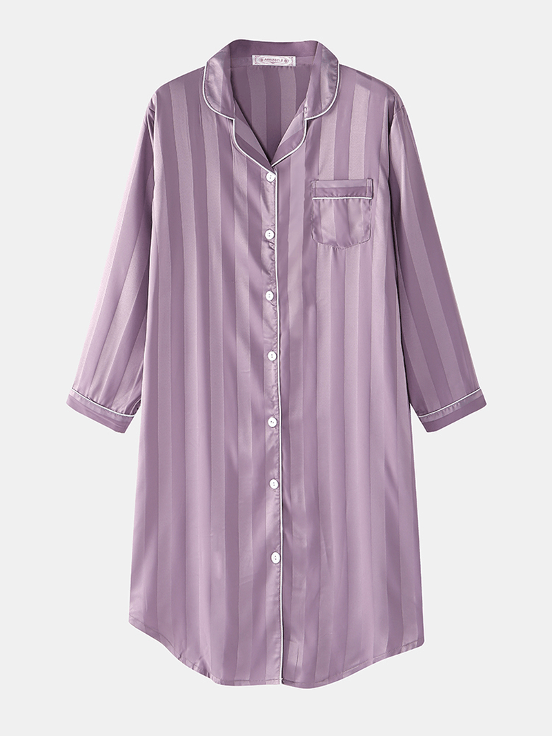 Women Silk Vertical Stripes Chest Pocket Long Sleeve Shirt Nightdress - MRSLM