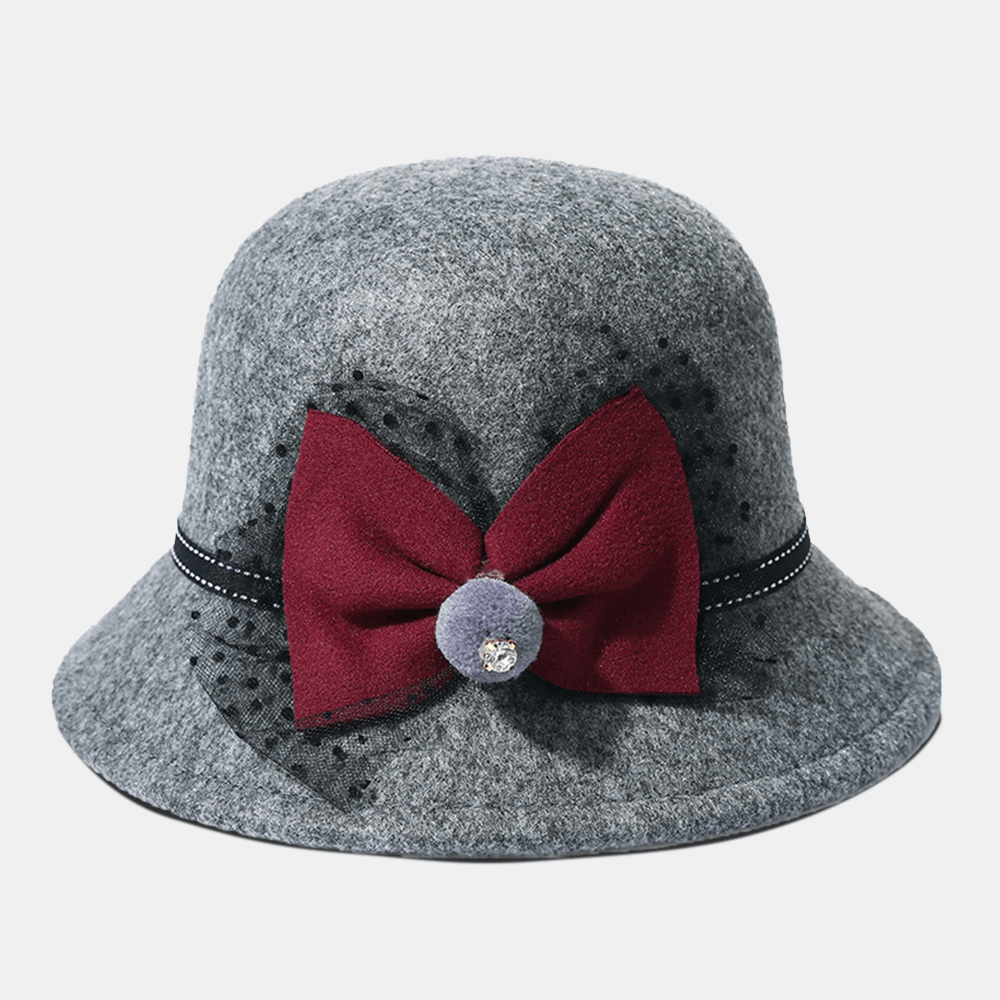 Women Winter Outdoor Cool Protection Warm Top Hat Felt Bow Decoration Lace Fedora Hat Bucket Hat - MRSLM