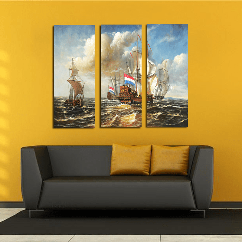 Miico Hand Painted Three Combination Decorative Paintings Sea Vessel Wall Art for Home Decoration - MRSLM