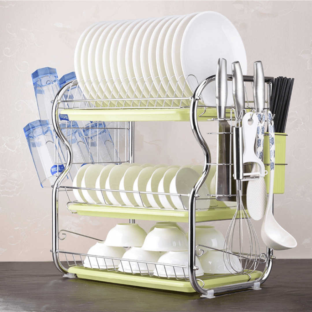 3 Tier Chrome Dish Drying Rack Drainer Cutlery Cups Holder Drip Kitchen Storage Arrangement for Dishes - MRSLM