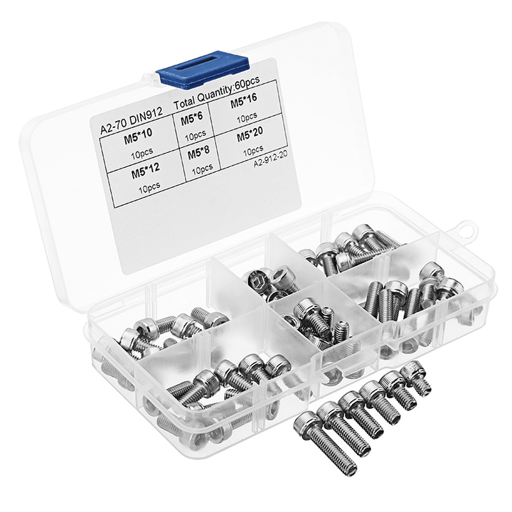 Suleve™ M5SH1 60Pcs M5 Stainless Steel 6-20Mm Hex Socket Cap Head Screw Allen Bolt Assortment Kit - MRSLM