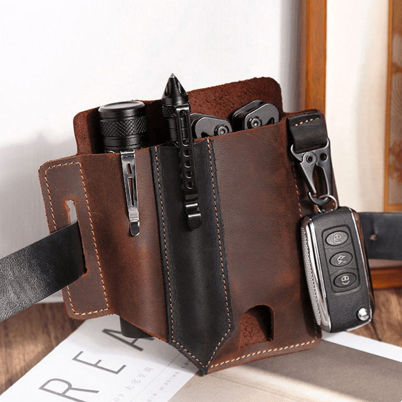 Men EDC Vintage Multifunction Wear-Resistant Genuine Leather Waist Bag Keychain Tactical Bag - MRSLM