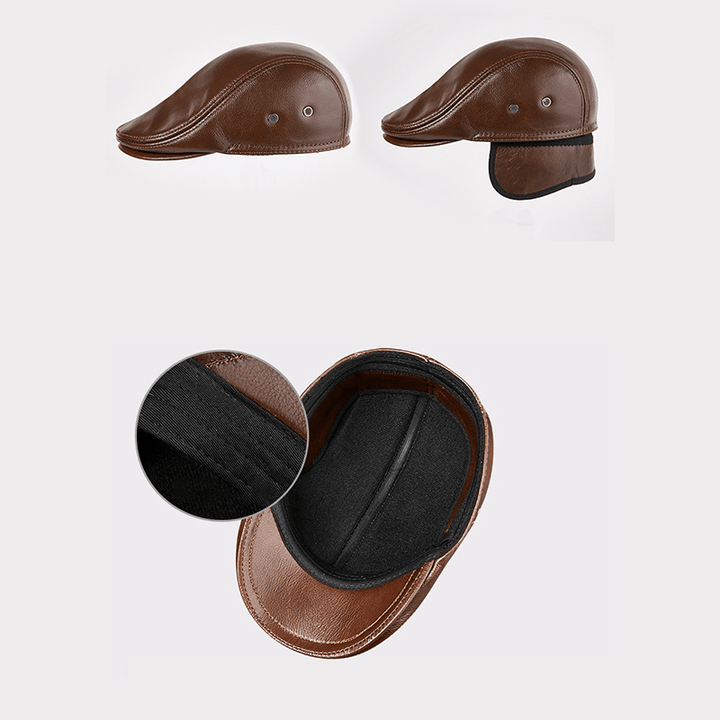 Collrown Men Genuine Leather Cowhide Warm Ear Pads Ear Protection Leather Hat Fashion Beret Caps with Earmuffs - MRSLM