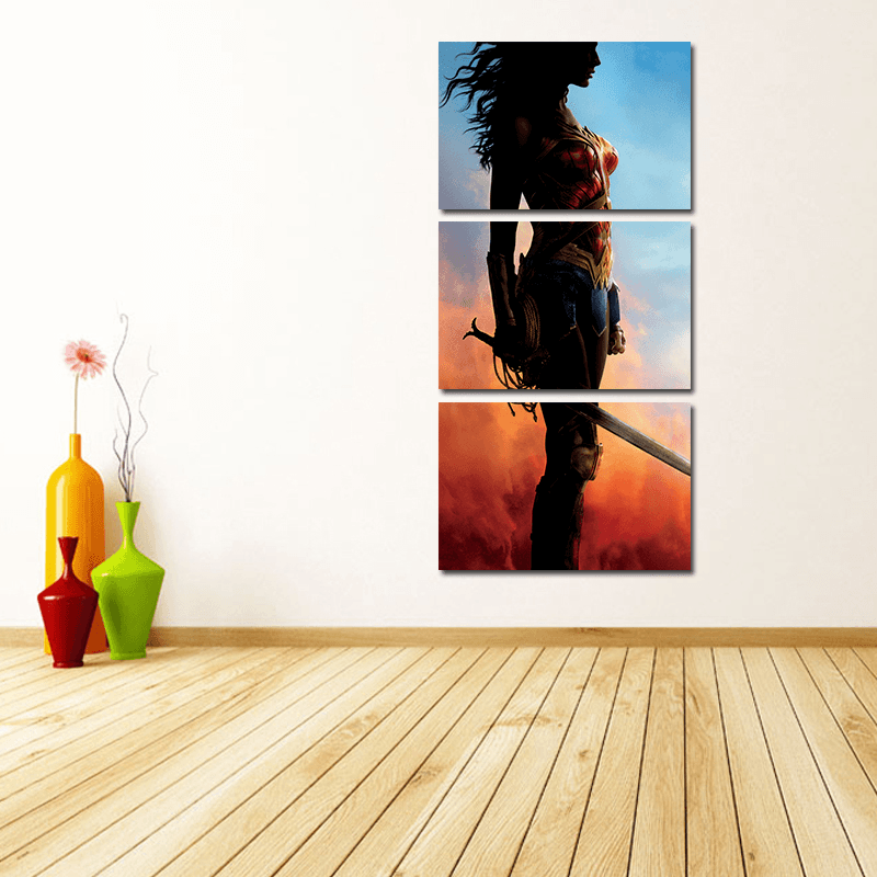 Miico Hand Painted Three Combination Decorative Paintings Wonder Woman Wall Art for Home Decoration - MRSLM