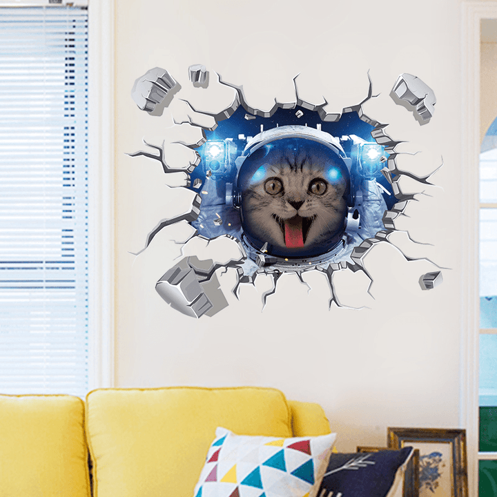 Miico Creative 3D Space Astronaut Cat Broken Wall PVC Removable Home Room Decorative Wall Floor Decor Sticker - MRSLM