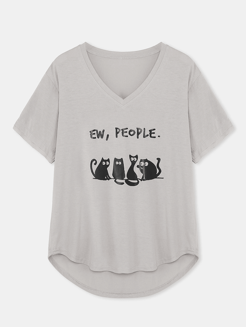 Women Cartoon Cute Cat Slogan Print V-Neck Curved Hem Short Sleeve T-Shirt - MRSLM