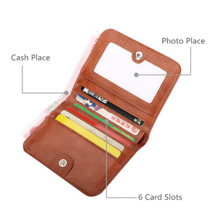 Women Genuine Oil Leather Zipper Short Wallets Girls Retro Purse Card Holder Coin Bags - MRSLM