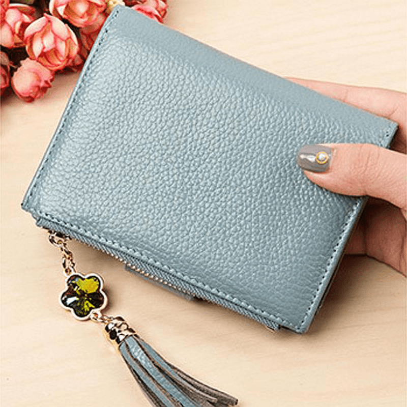 Women Casual Genuine Leather Purse 19 Card Slot Tassel Short Wallet - MRSLM