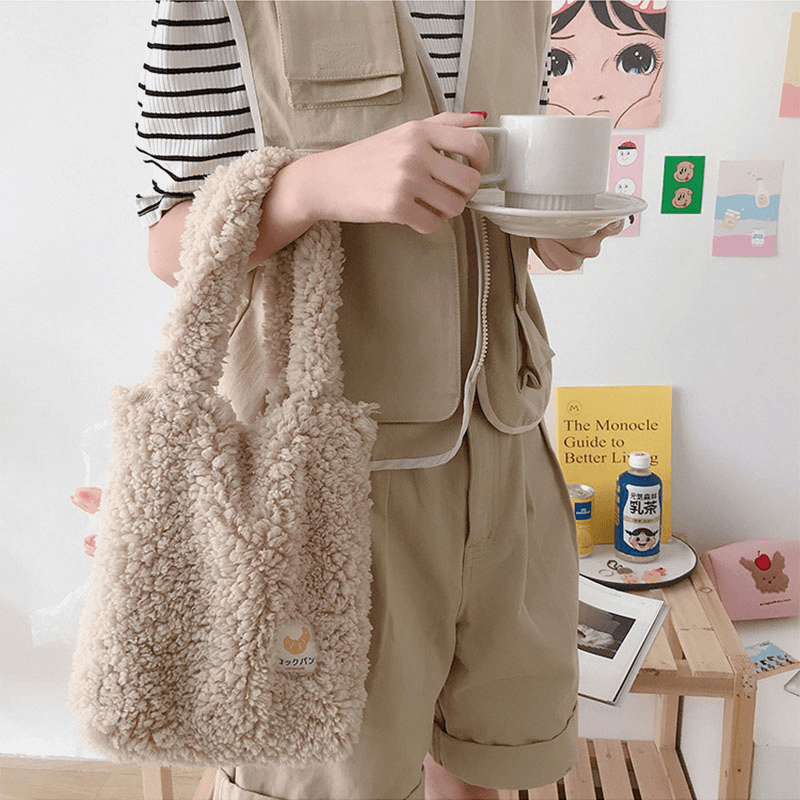 Women Lamb Wool Soft Small Easy Carry Casual Solid Color Handbag - MRSLM