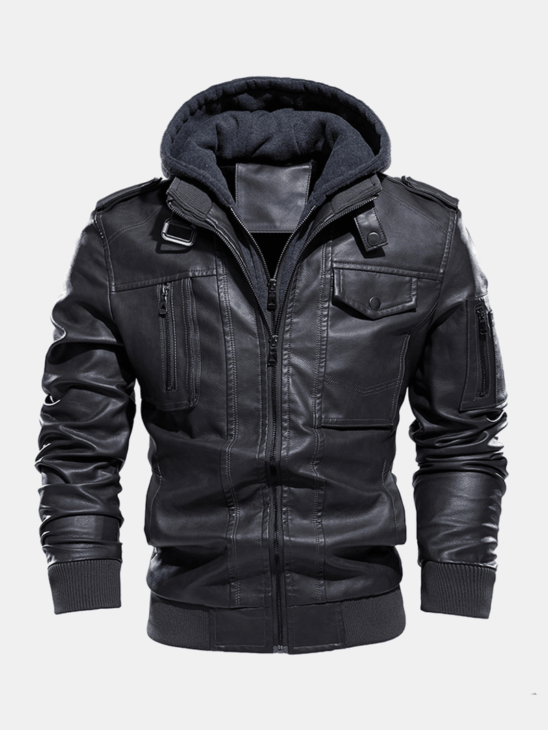 Mens Hooded Zipper Pocket Washing PU Leather Jackets - MRSLM