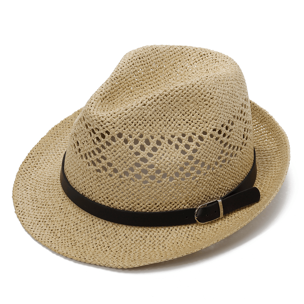 Men Women Personalized Handmade Straw Jazz Hat Outdoor Travel Beach Breathable Mesh Hollow Sun Cap - MRSLM