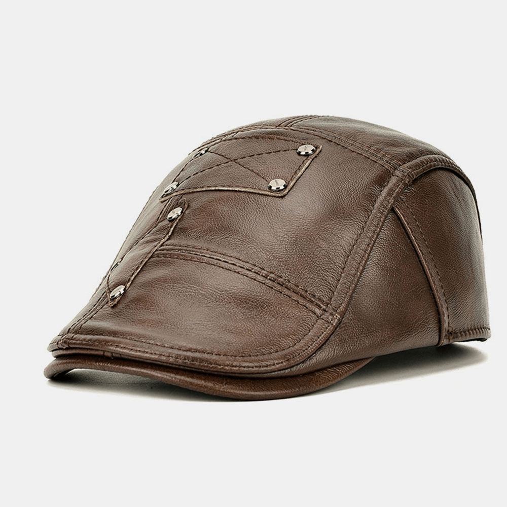 Men Genuine Leather Rivet Decoration plus Velvet Keep Warm Ear Protected Casual Beret Hat - MRSLM