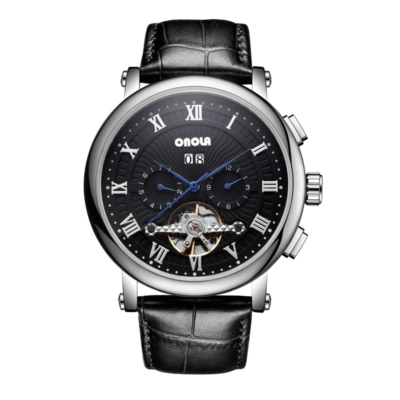 ONOLA ON6801 Fashion Men Automatic Watch Flywheel Hollow Date Display Leather Strap Mechanical Watch - MRSLM