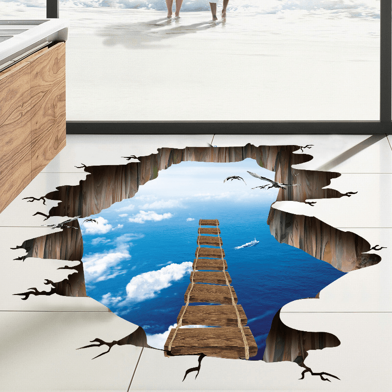 Miico Creative 3D Sky Suspension Bridge Broken Wall Removable Home Room Decorative Wall Door Decor Sticker - MRSLM