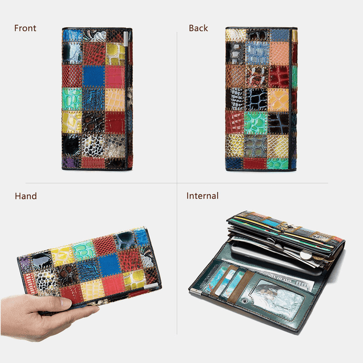 Women Genuine Leather Bifold Colored Geometric Pattern Multi-Card Slot Card Case Money Clip Coin Purse Long Clutch Wallets - MRSLM