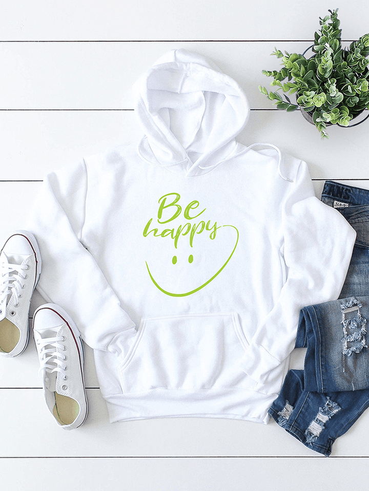 Women Smile Face Letter Print Pouch Pocket Casual Long Sleeve Hoodies - MRSLM