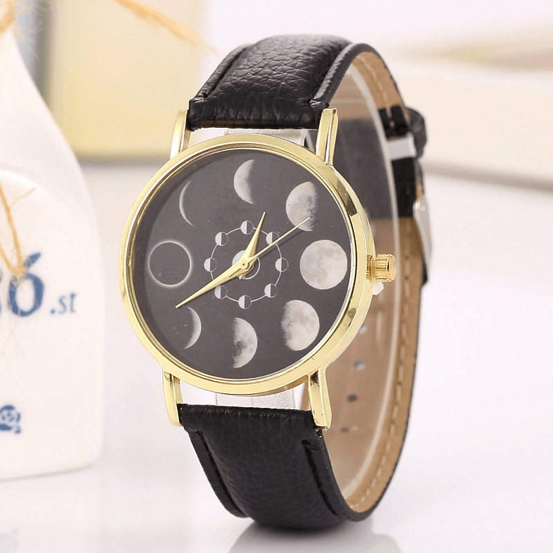 Solar Moon Phase Lunar Eclipse Unisex Watch Leather Strap Quartz Watch for Women Men - MRSLM