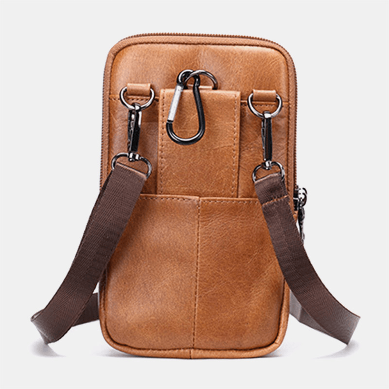 Men Retro Double Layer Cowhide Waist Bag Casual Wear-Resistant 6.5 Inch Phone Bag Belt Bag Crossbody Bag Shoulder Bag - MRSLM