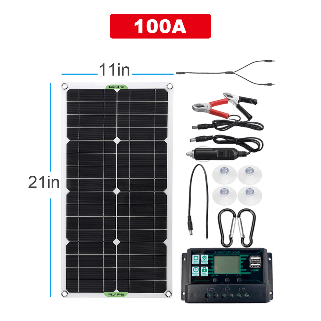 250W Max Portable Solar Panel Kit Dual DC USB Charger Kit Single Crystal Semi-Flexible Solar Power Panel W/ 60A/100A Solar Controller - MRSLM
