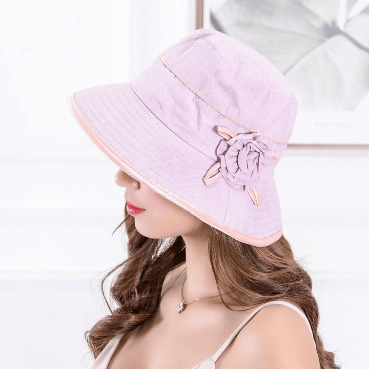 Women Sun Protection Wide Birm Beach Bucket Cap Outdoor Breathable Fishing Hat with Bowknot - MRSLM