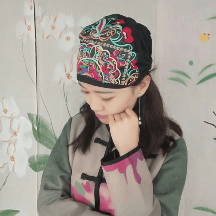 Women Canvas Ethnic Embroidery Flower Printing Vintage Beanie Hat Turban Caps - MRSLM