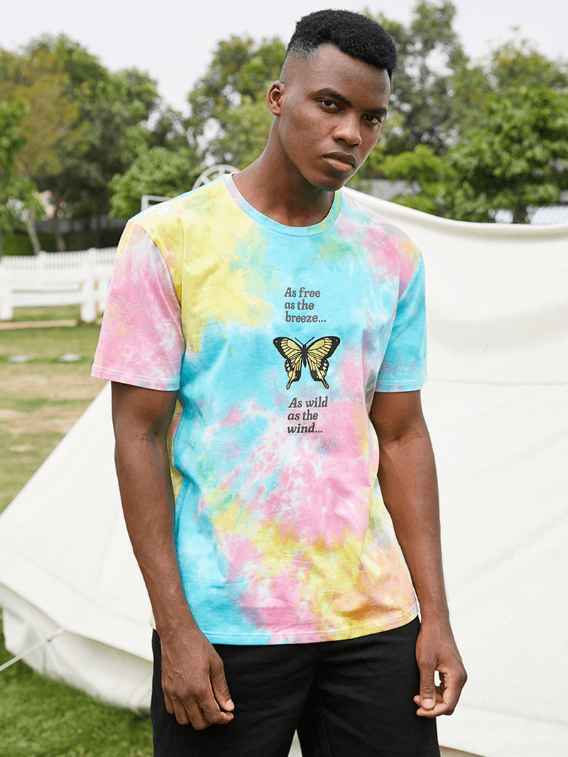 Mens Casual Butterfly Letter Print Street Tie Dye Short Sleeve T-Shirts - MRSLM