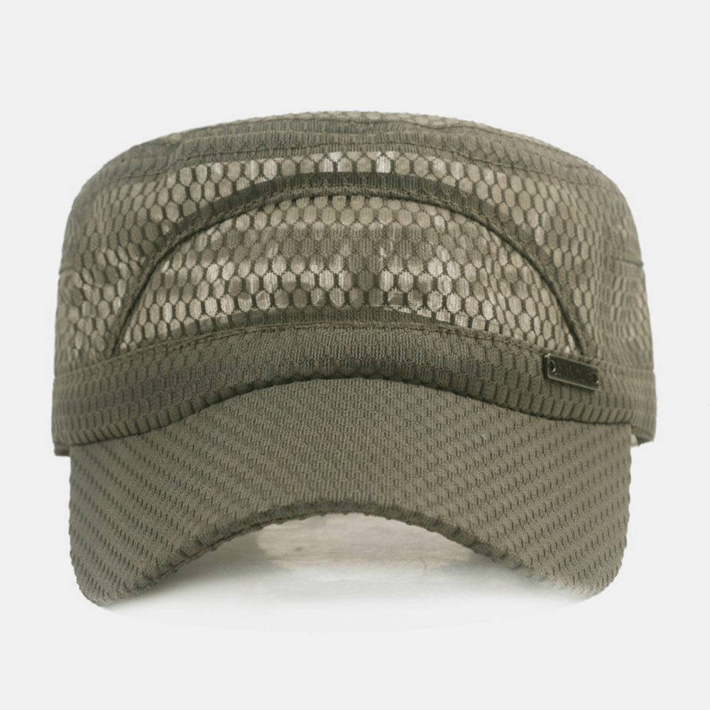 Men Adjustable Mesh Breathable Solid Color Military Cap Flat Cap with Letter Metal Label - MRSLM