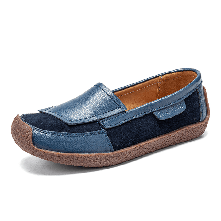 Women Comfy Leather Splicing Soft Slip on Flat Loafers - MRSLM