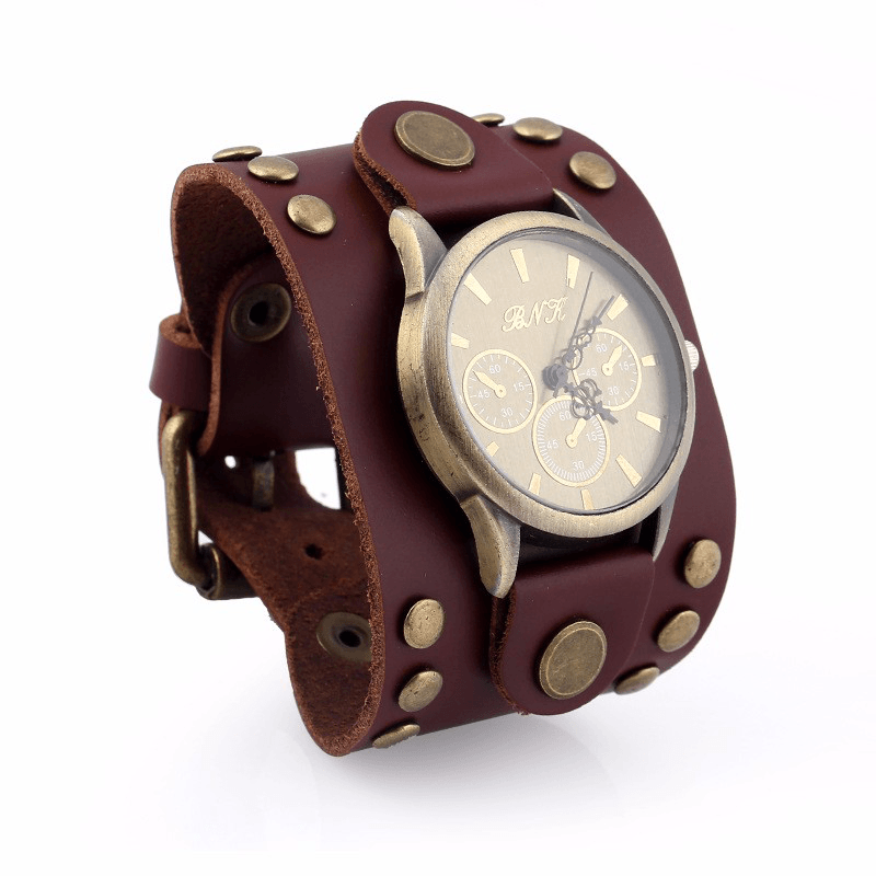 Fashion Punk Vintage Genuine Leather Men Quartz Watch Bracelet Watch - MRSLM