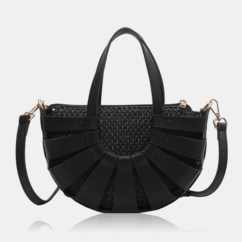 Women PU Leather Rivet Large Capacity Hollow Simple Handbag Shoulder Bag Crossbody Bags Straw Bag - MRSLM