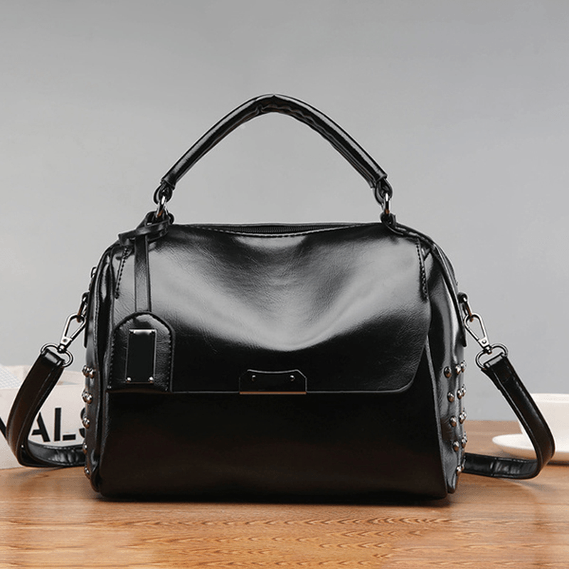 Women PU Solid Color Fashion Oil Wax Rivets Boston Handbag Shoulder Bag - MRSLM