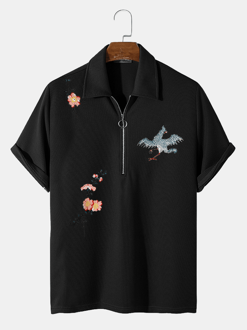 Mens Grain Fleece Flower Bird Embroidery Casual Shirts - MRSLM