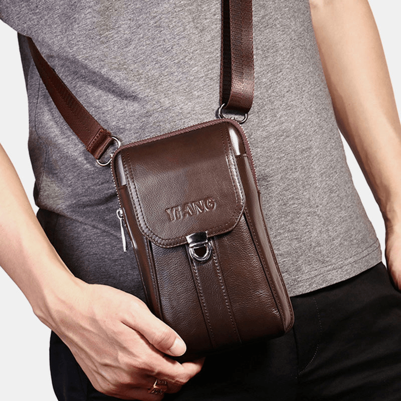 Men Genuine Leather 7 Inch Retro Phone Bag Waist Bag Belt Bag Crossbody Bag Sling Bag - MRSLM