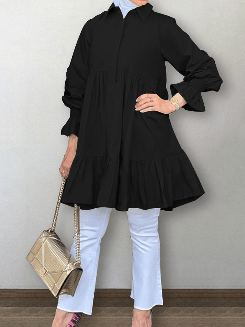Women Half Button Lapel Tiered Ruffle Sleeve Solid Casual Blouses - MRSLM