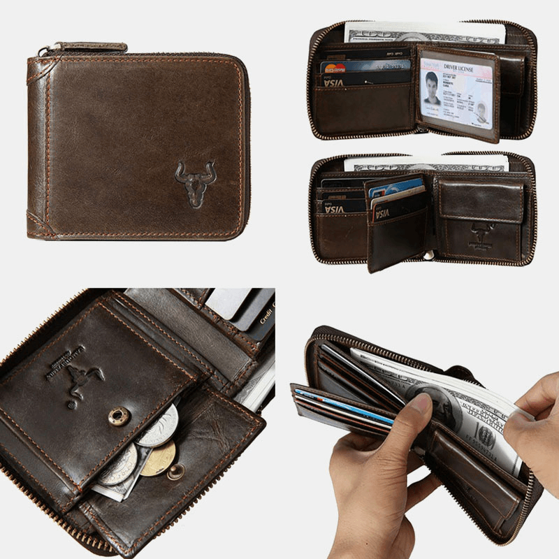 Men Genuine Leather RFID Blocking Anti-Theft Retro Multi-Functional Card Holder Wallet - MRSLM