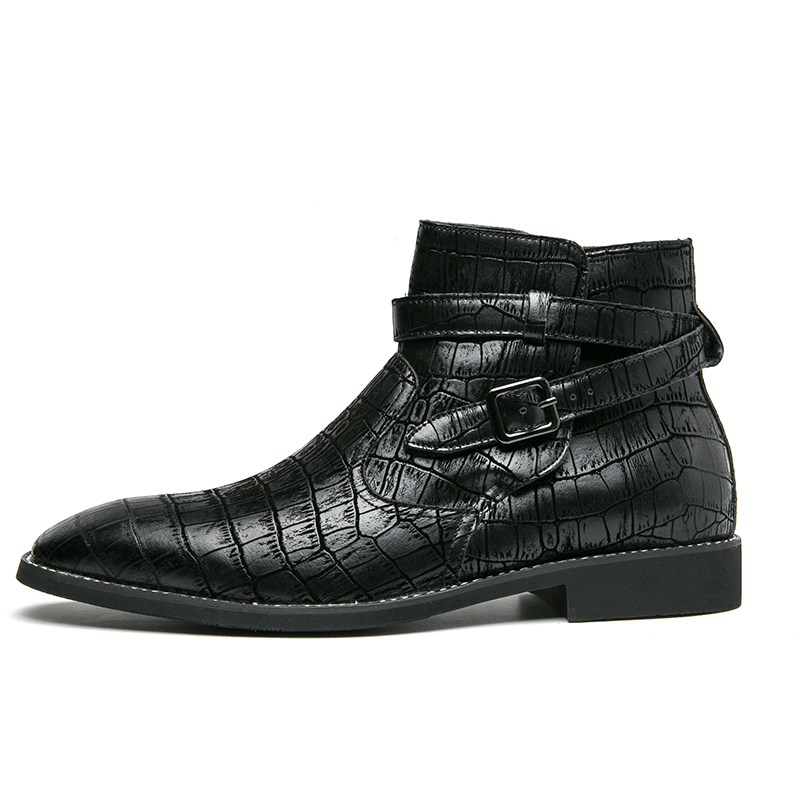 Men Fashion Comfy Embossed Leather Metal Buckle Strap Ankle Boots - MRSLM