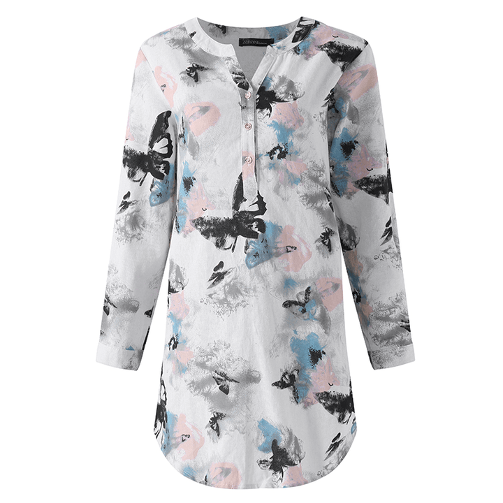 Ink Printed V Neck Buttons Long Sleeve Shirt Dress - MRSLM