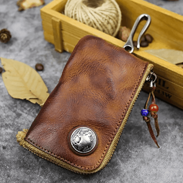 Men Genuine Leather Vinatge Car Key Wallet Texture Wear-Resistang Key Case Coin Purse - MRSLM