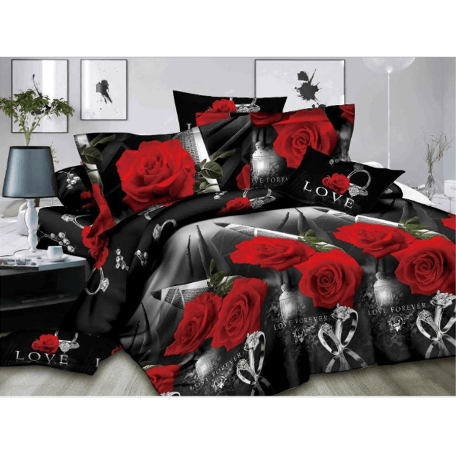 3PCS 3D Stereoscopic Rose/Diamond Ring Printed Cotton Bedding Sets for King Bed - MRSLM