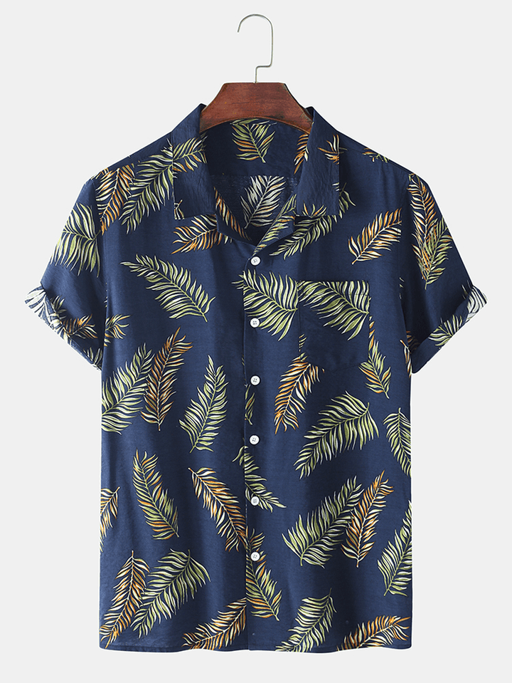 Mens Cotton Leaves Print Revere Collar Short Sleeve Shirts - MRSLM