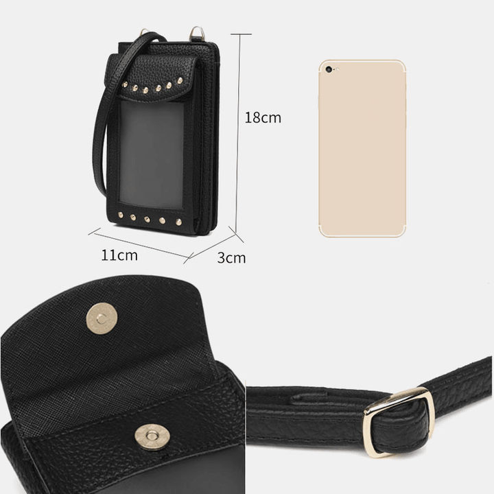 Women Touch Screen 6.3 Inch Phone Holder 10 Card Slot Rivet Crossbody Bag Wallet - MRSLM