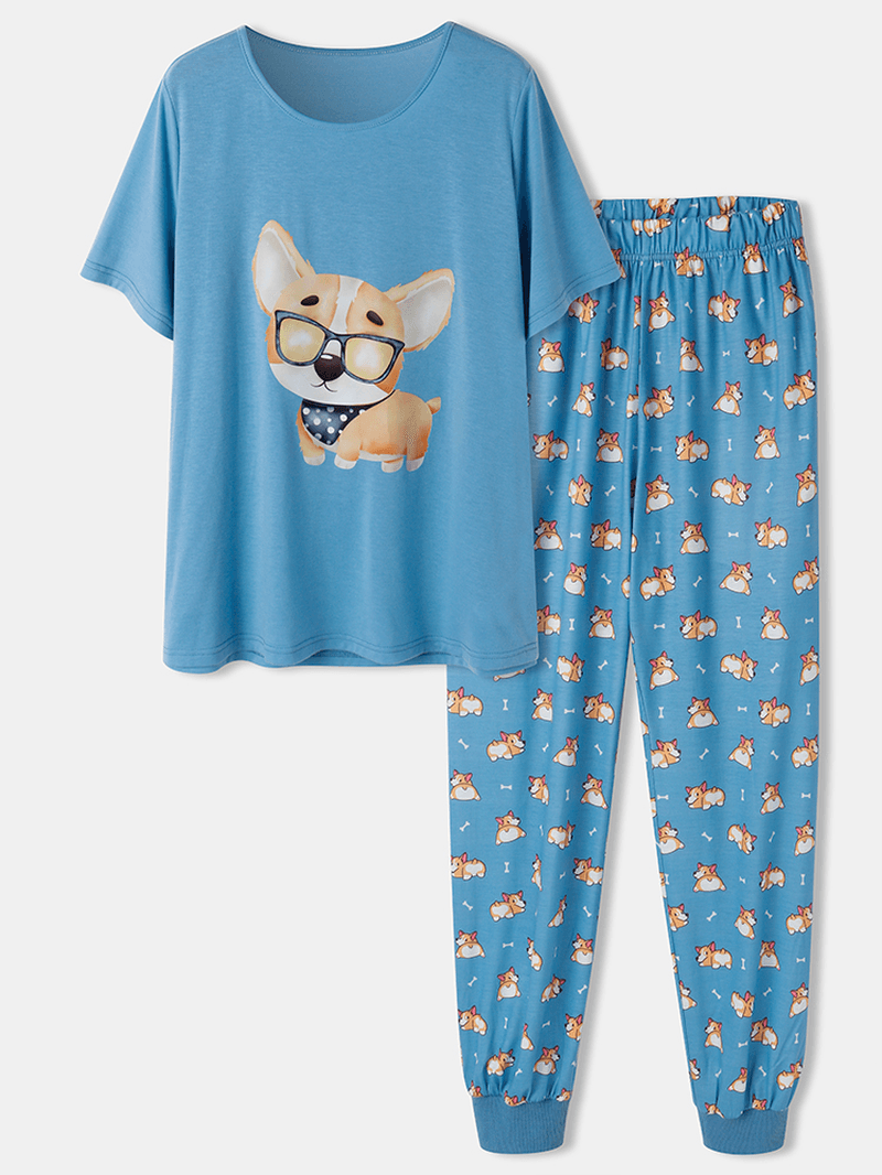 Women Cartoon Dog Print Short Sleeve Cute Cuffed Pants Pajamas Sets - MRSLM