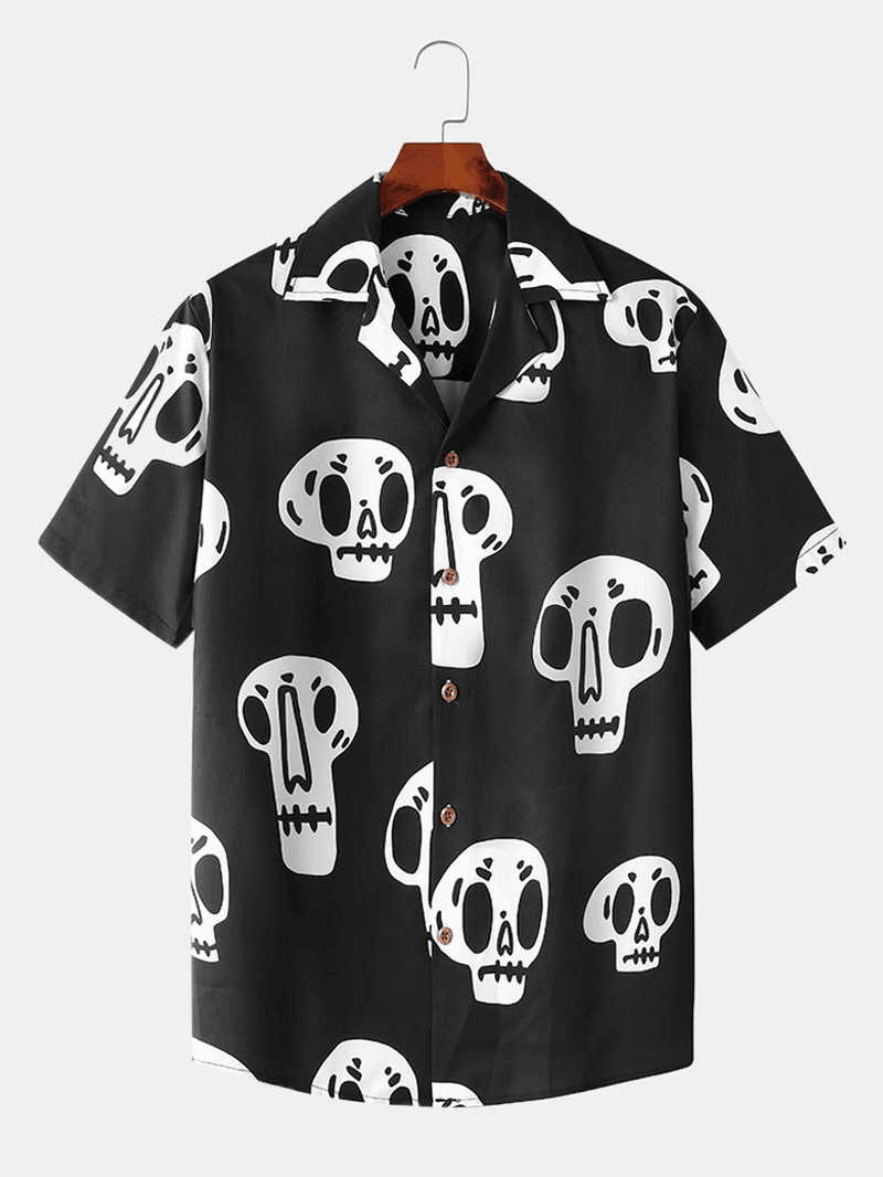 Mens Skeleton Print Revere Collar Short Sleeve Shirt - MRSLM