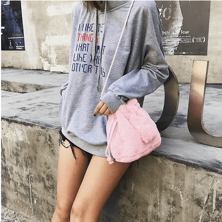 Cute Plush String Bucket Bag Shoulder Bag Crossbody Bag - MRSLM