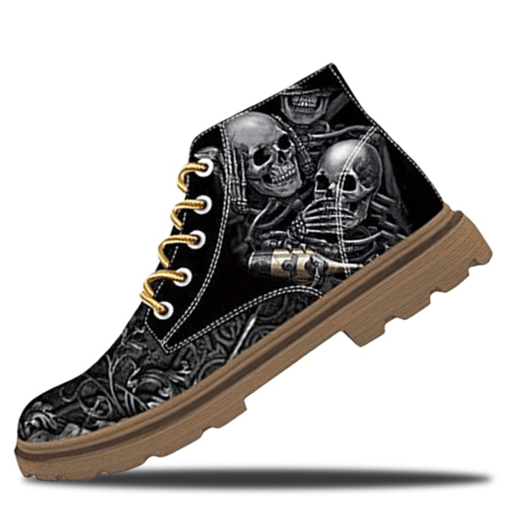 Men Leather Halloween Soft Sole Skull Printing Casual Ankle Boots - MRSLM